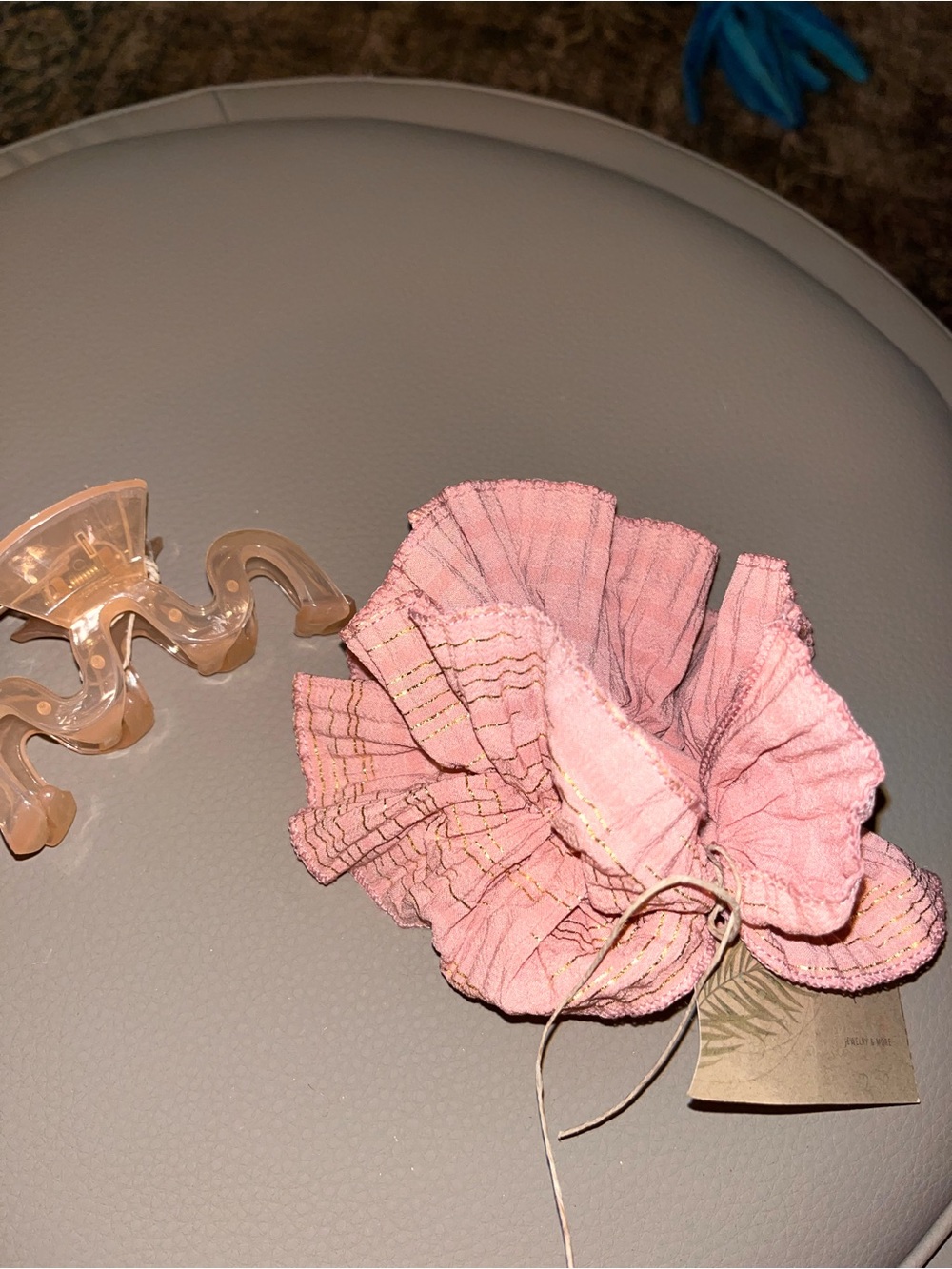 Pink Ruffled Fabric Scrunchie with Gold Threading - Picture 7 of 7
